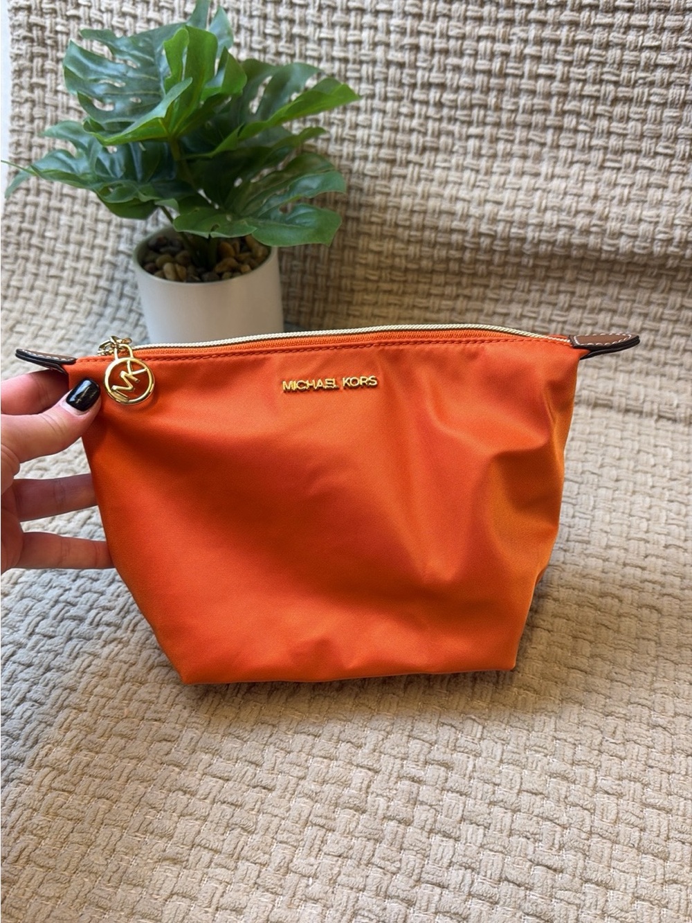 Michael Kors Orange Nylon Zip Cosmetic Pouch with Gold Logo